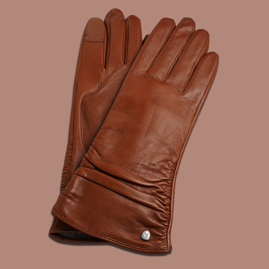 Lederhandschuhe für Damen, Nappaleder, Kaschmirfutter, Smartphone Funktion#farbe_cognac
