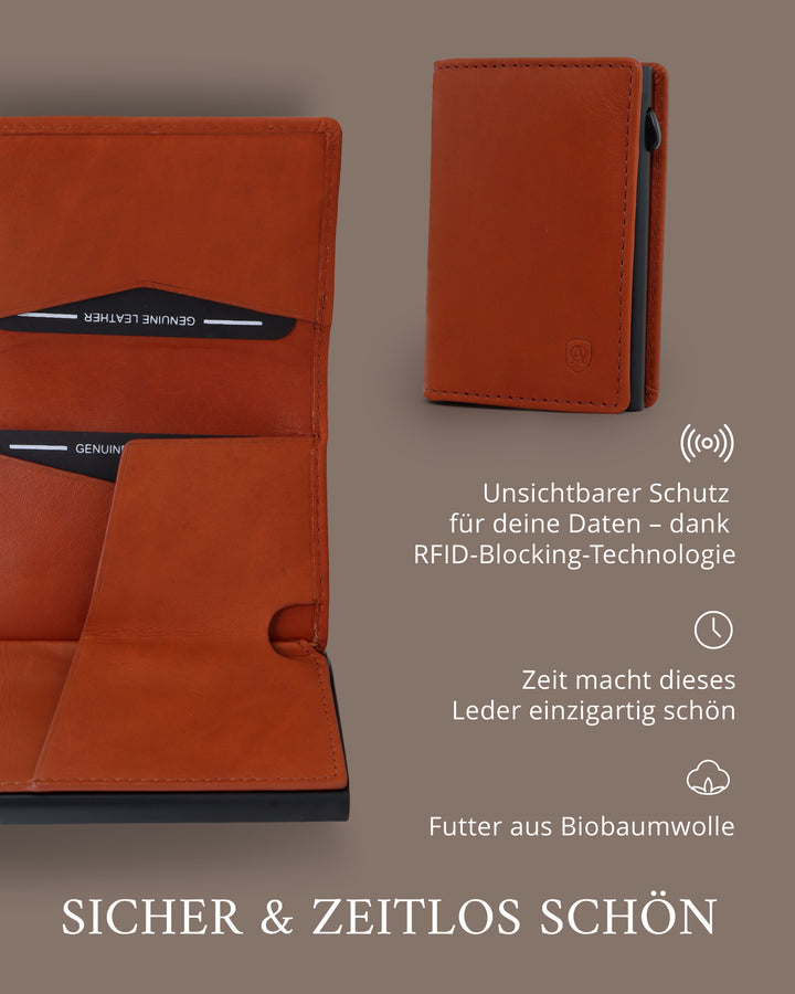 Geldbörse Herren Damen, Portemonnaie, slim wallet, pop up wallet, RFID-Blocker, Brieftasche, Rindsleder#farbe_cognac
