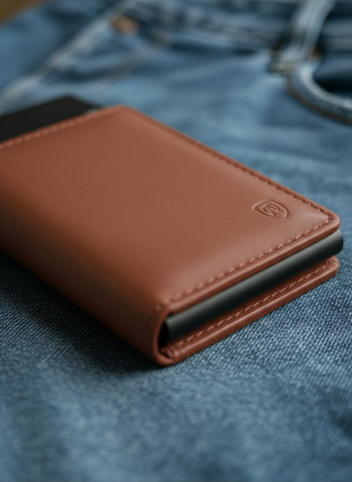 Geldbörse Herren Damen, Portemonnaie, slim wallet, pop up wallet, RFID-Blocker, Brieftasche, Rindsleder#farbe_cognac