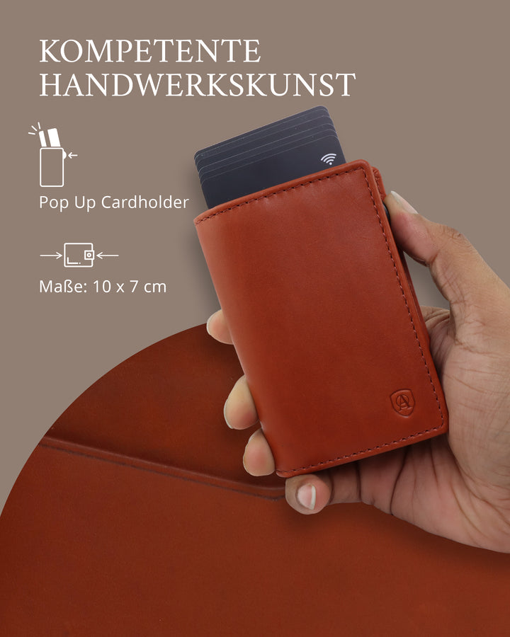 Geldbörse Herren Damen, Portemonnaie, slim wallet, pop up wallet, RFID-Blocker, Brieftasche, Rindsleder#farbe_cognac