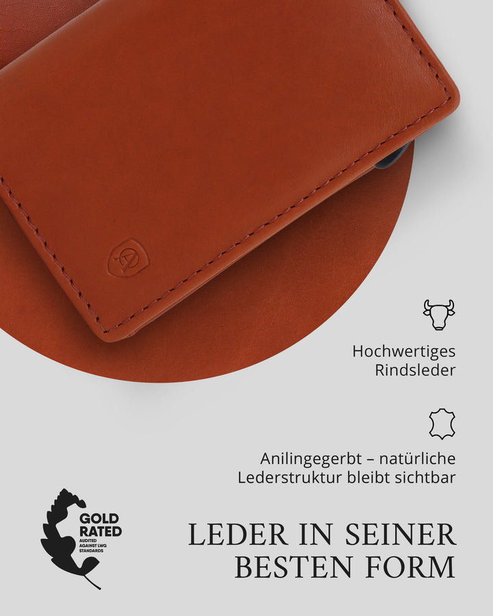 Geldbörse Herren Damen, Portemonnaie, slim wallet, pop up wallet, RFID-Blocker, Brieftasche, Rindsleder#farbe_cognac