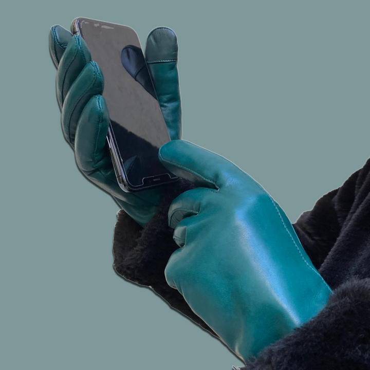 Lederhandschuhe für Damen, Nappaleder, Lammfellfutter, Smartphone Funktion#farbe_flaschengruen