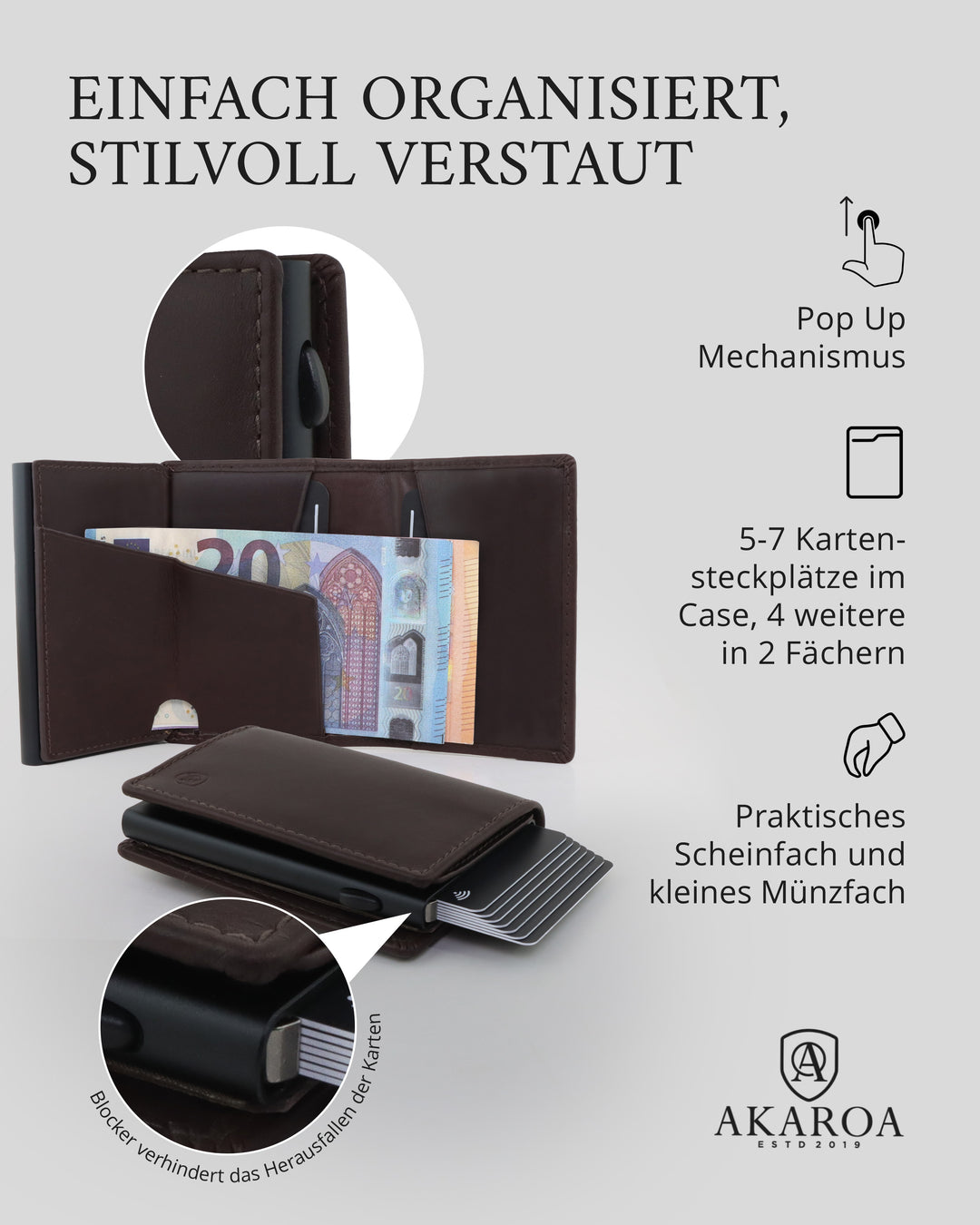 Geldbörse Herren Damen, Portemonnaie, slim wallet, pop up wallet, RFID-Blocker, Brieftasche, Rindsleder#farbe_braun