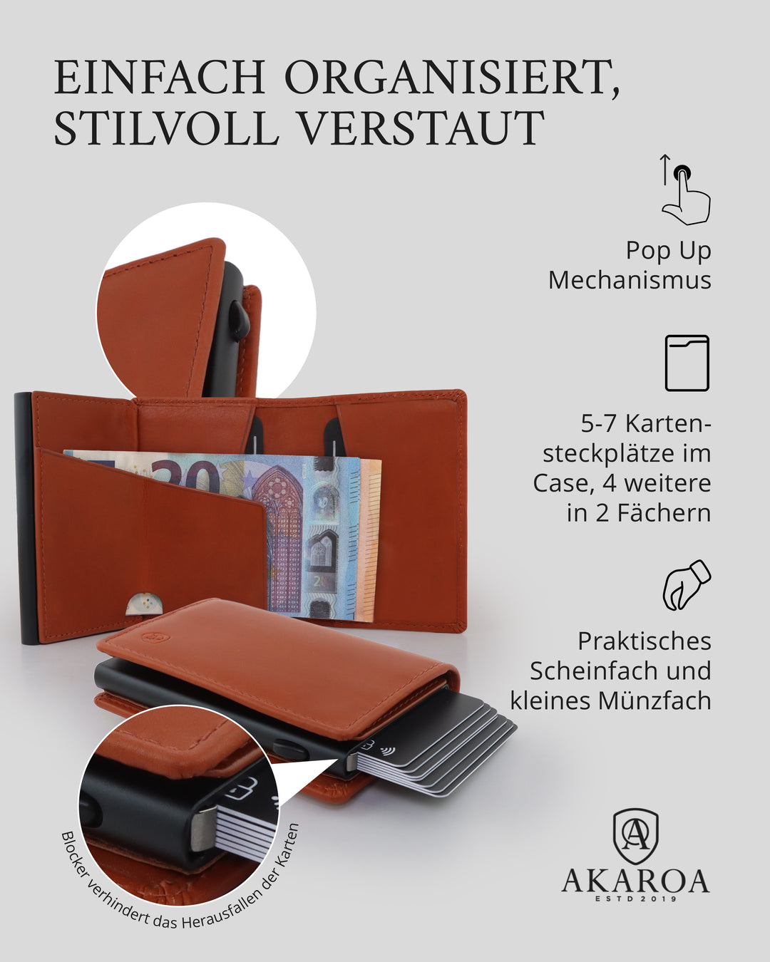 Geldbörse Herren Damen, Portemonnaie, slim wallet, pop up wallet, RFID-Blocker, Brieftasche, Rindsleder#farbe_cognac