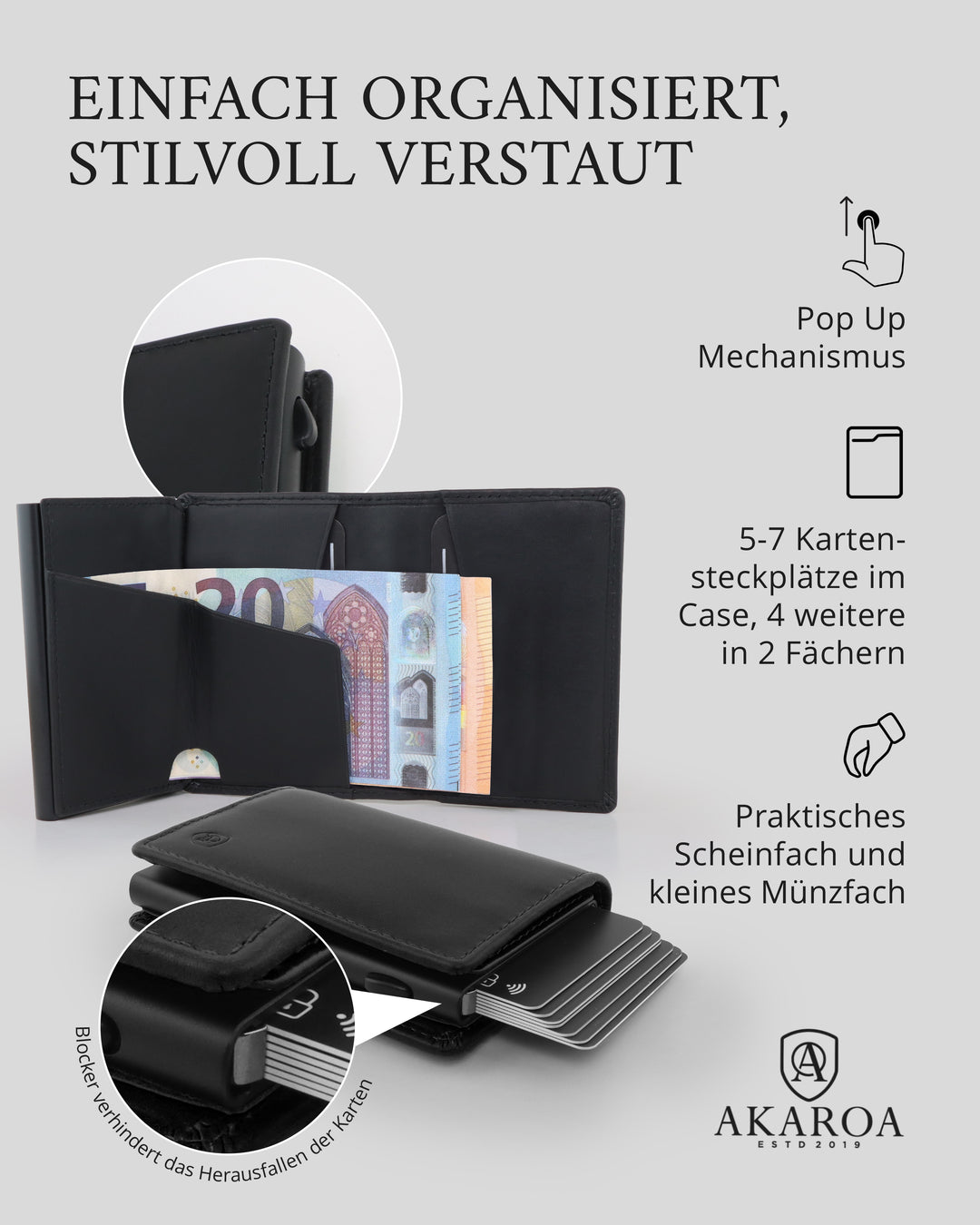 Geldbörse Herren Damen, Portemonnaie, slim wallet, pop up wallet, RFID-Blocker, Brieftasche, Rindsleder#farbe_schwarz