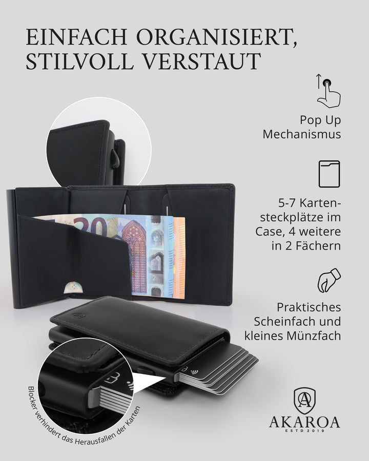 Geldbörse Herren Damen, Portemonnaie, slim wallet, pop up wallet, RFID-Blocker, Brieftasche, Rindsleder#farbe_schwarz