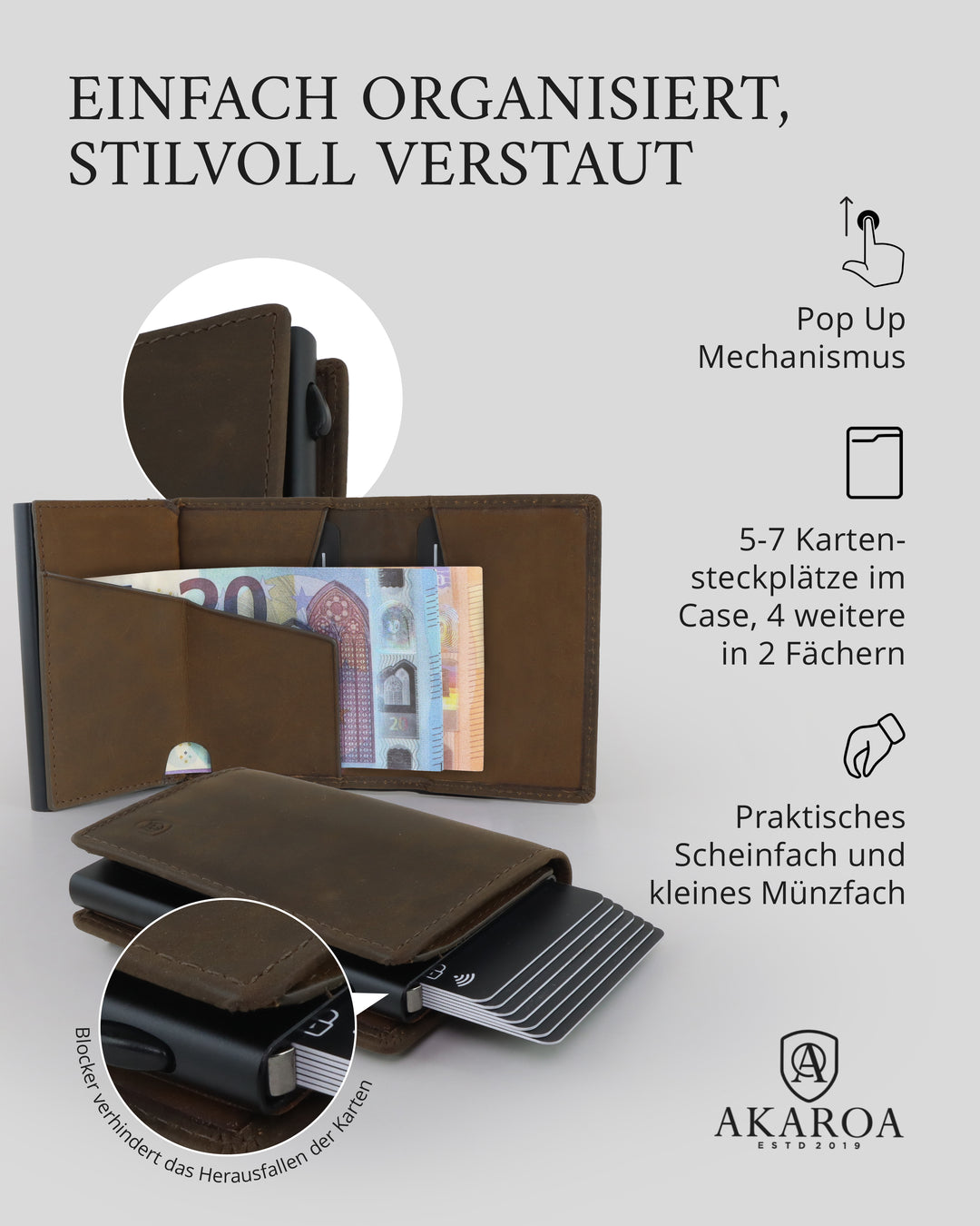 Geldbörse Herren Damen, Portemonnaie, slim wallet, pop up wallet, RFID-Blocker, Brieftasche, Rindsleder#farbe_vintage-braun