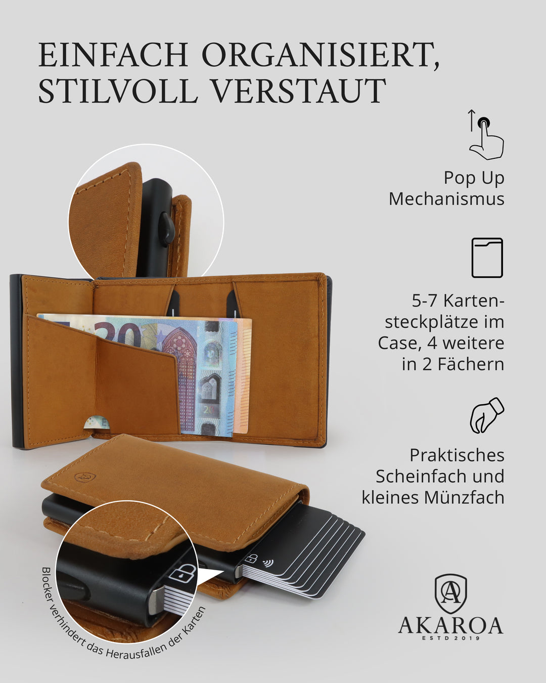 Geldbörse Herren Damen, Portemonnaie, slim wallet, pop up wallet, RFID-Blocker, Brieftasche, Rindsleder#farbe_vintage-tan