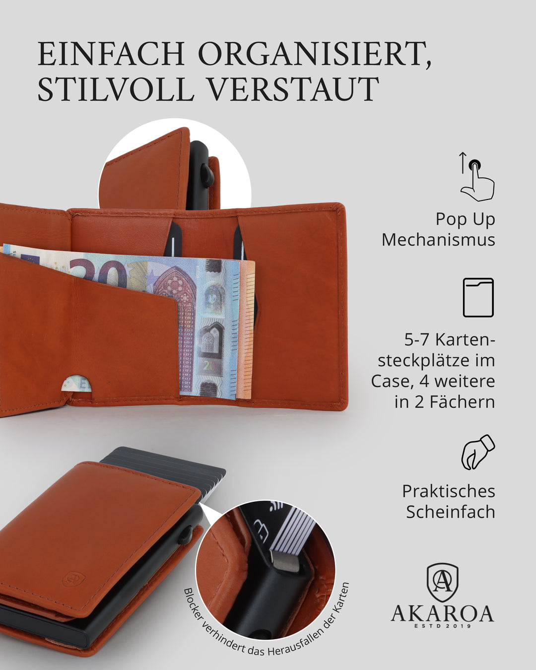Geldbörse Herren Damen, Portemonnaie, slim wallet, pop up wallet, RFID-Blocker, Brieftasche, Rindsleder#farbe_cognac
