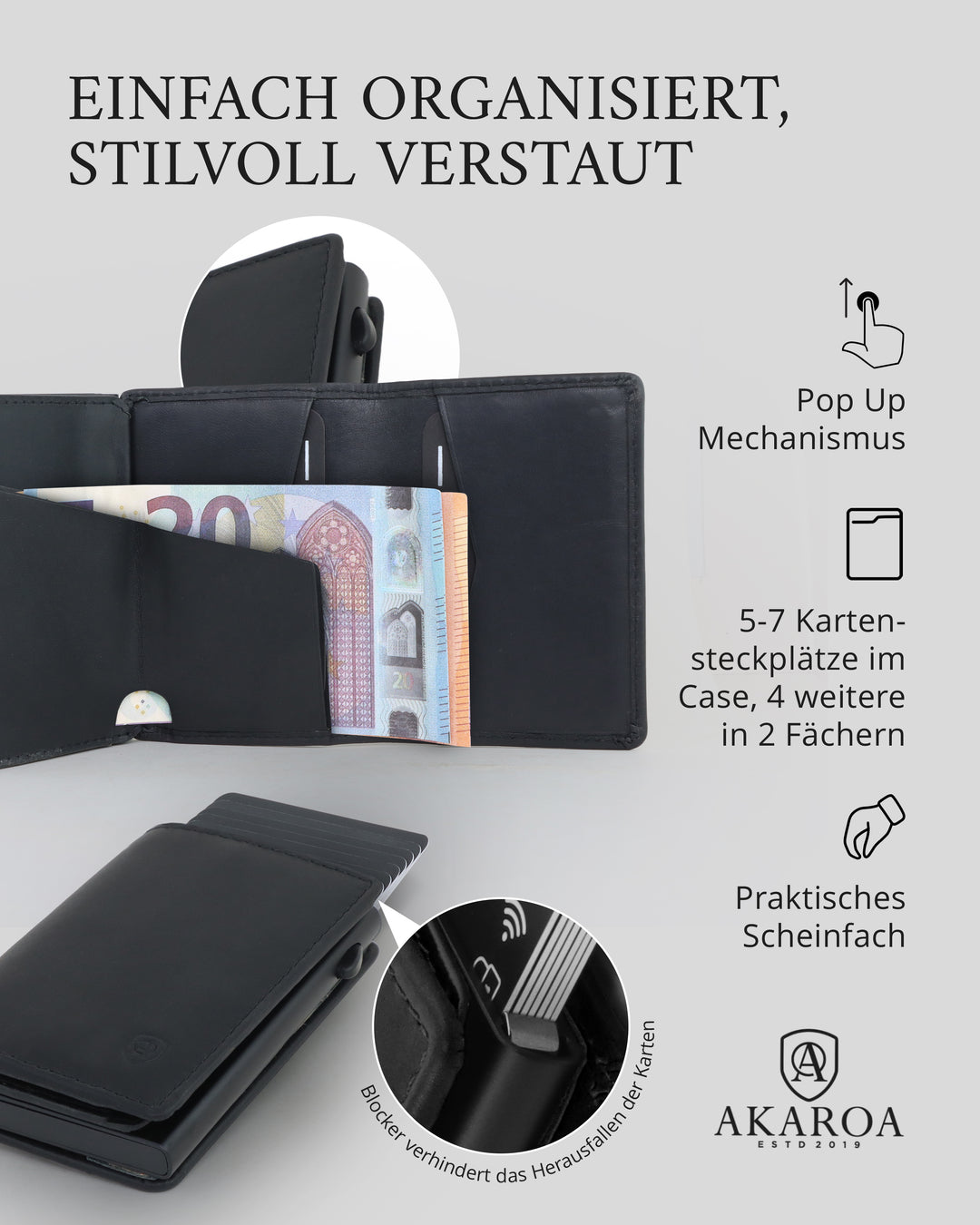 Geldbörse Herren Damen, Portemonnaie, slim wallet, pop up wallet, RFID-Blocker, Brieftasche, Rindsleder#farbe_schwarz