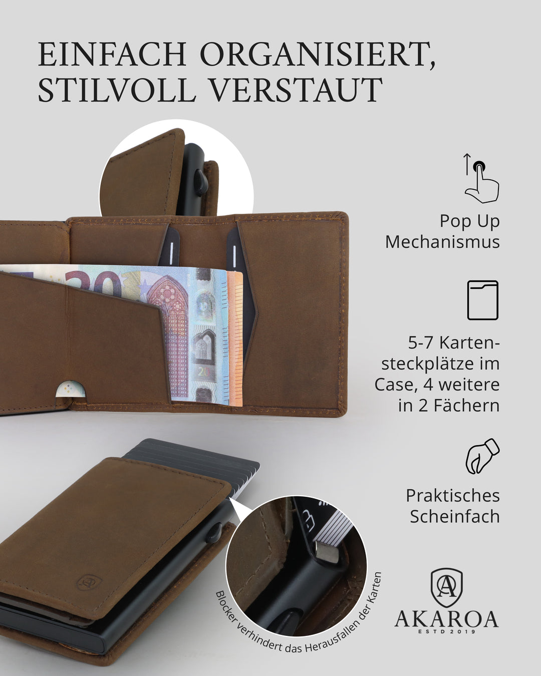 Geldbörse Herren Damen, Portemonnaie, slim wallet, pop up wallet, RFID-Blocker, Brieftasche, Rindsleder#farbe_vintage-braun