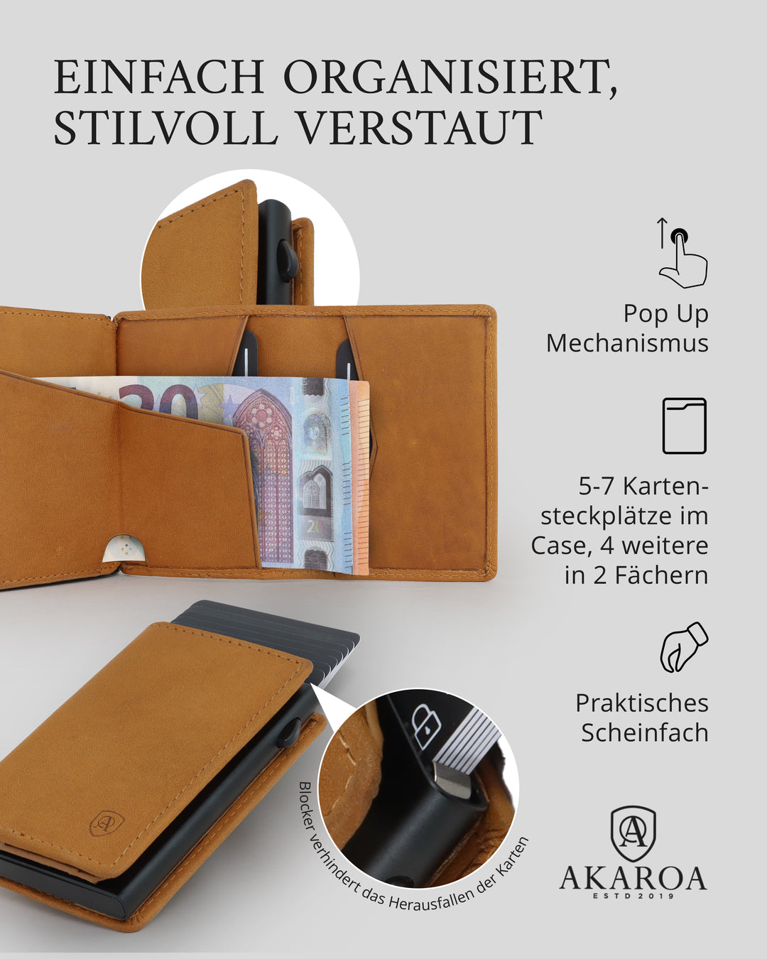 Geldbörse Herren Damen, Portemonnaie, slim wallet, pop up wallet, RFID-Blocker, Brieftasche, Rindsleder#farbe_vintage-tan