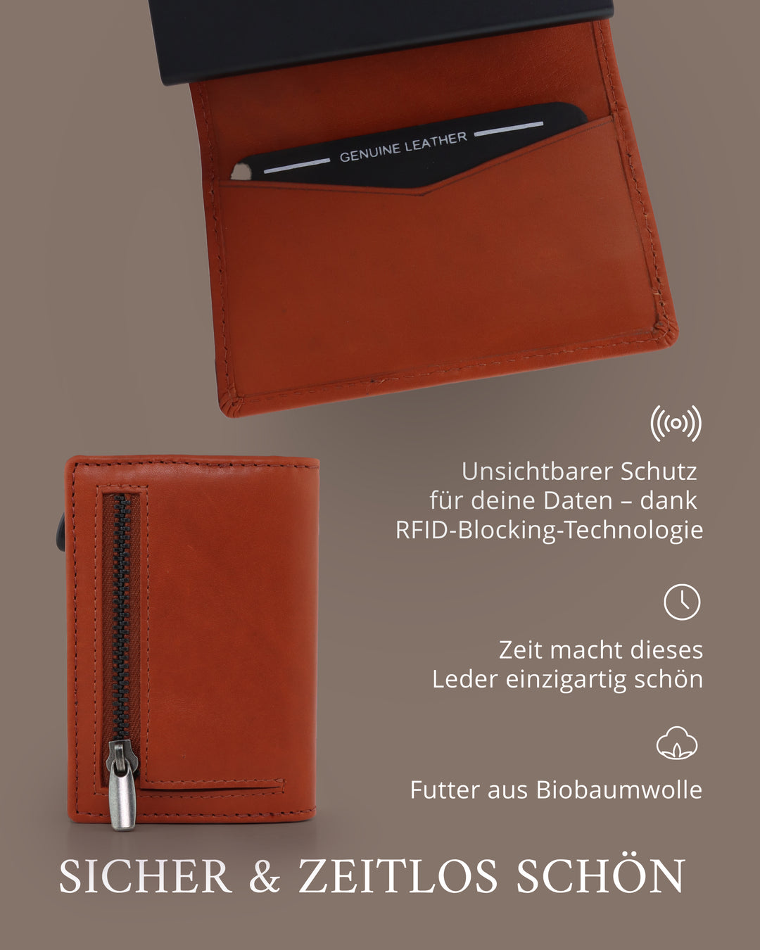 Geldbörse Herren Damen, Portemonnaie, slim wallet, pop up wallet, RFID-Blocker, Brieftasche, Rindsleder#farbe_cognac