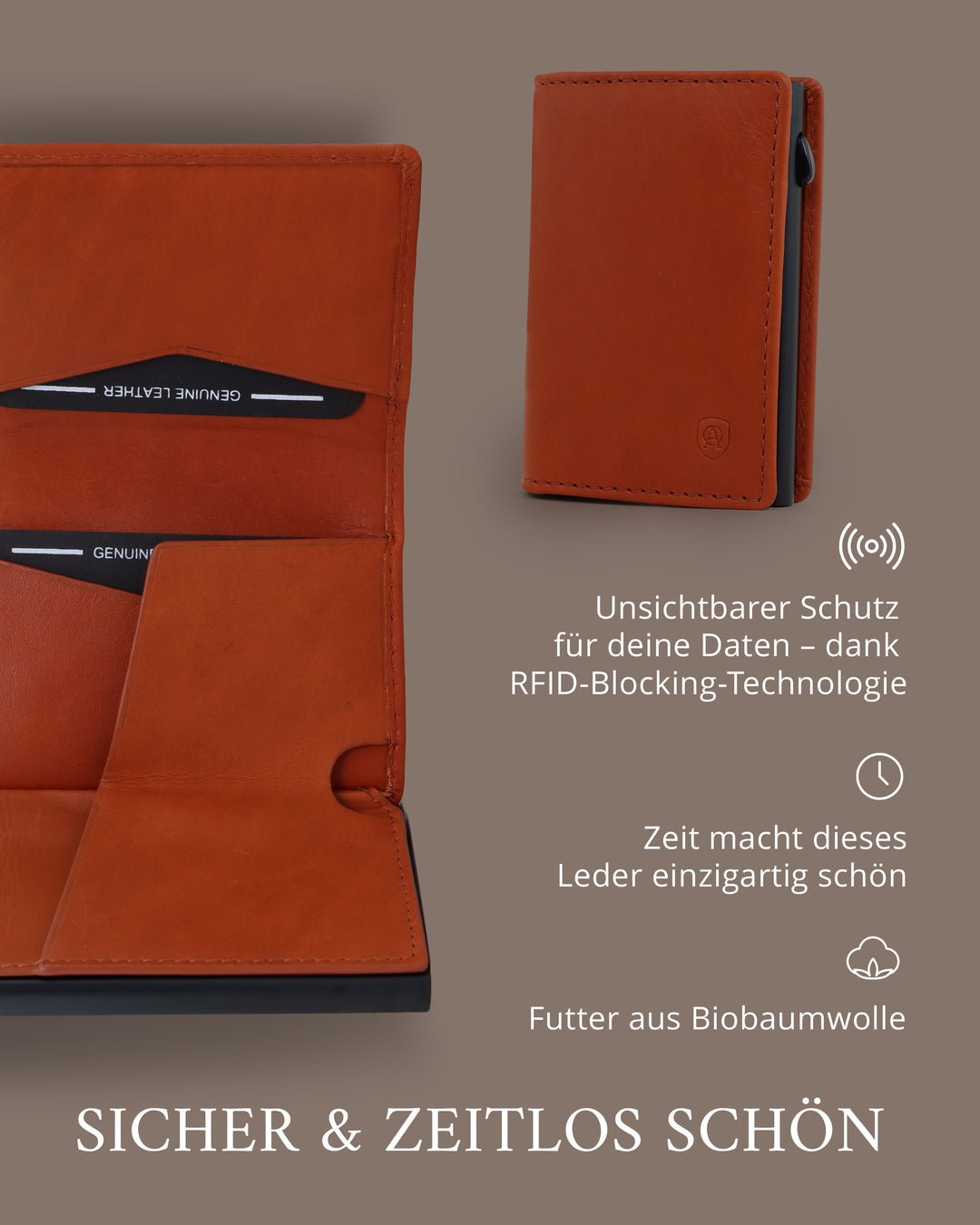 Geldbörse Herren Damen, Portemonnaie, slim wallet, pop up wallet, RFID-Blocker, Brieftasche, Rindsleder#farbe_cognac
