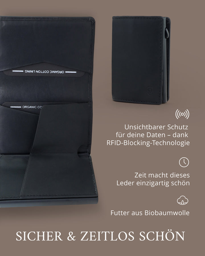 Geldbörse Herren Damen, Portemonnaie, slim wallet, pop up wallet, RFID-Blocker, Brieftasche, Rindsleder#farbe_schwarz