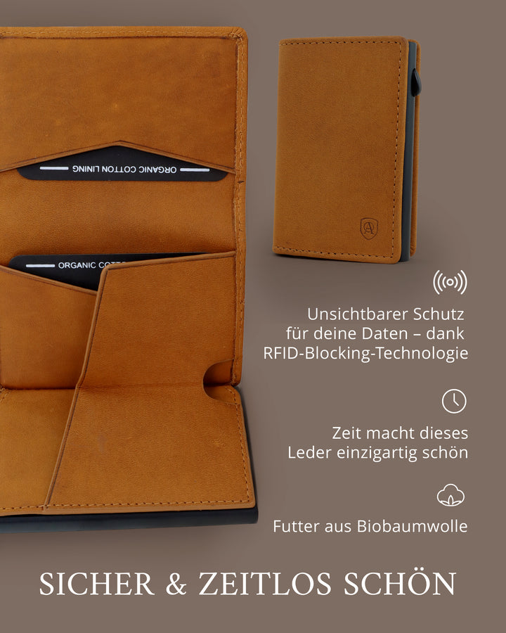 Geldbörse Herren Damen, Portemonnaie, slim wallet, pop up wallet, RFID-Blocker, Brieftasche, Rindsleder#farbe_vintage-tan