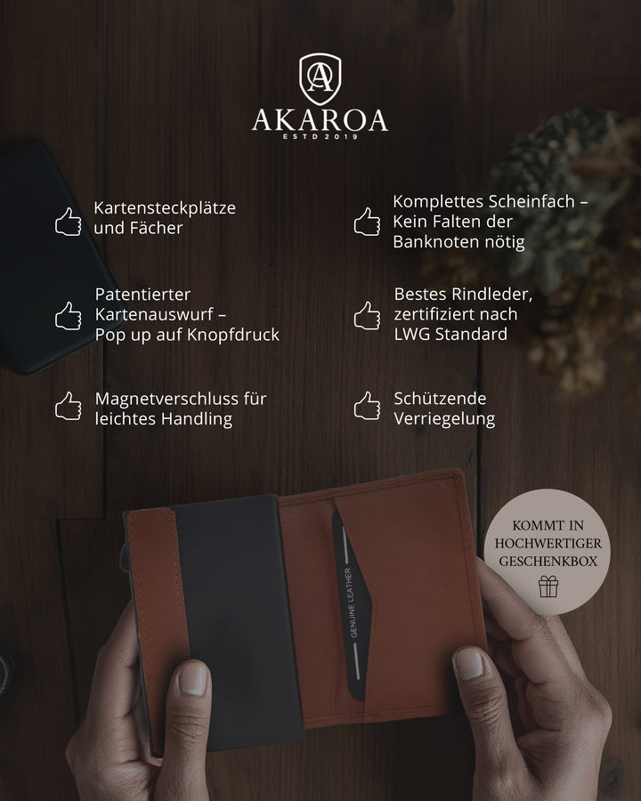 Geldbörse Herren Damen, Portemonnaie, slim wallet, pop up wallet, RFID-Blocker, Brieftasche, Rindsleder#farbe_cognac