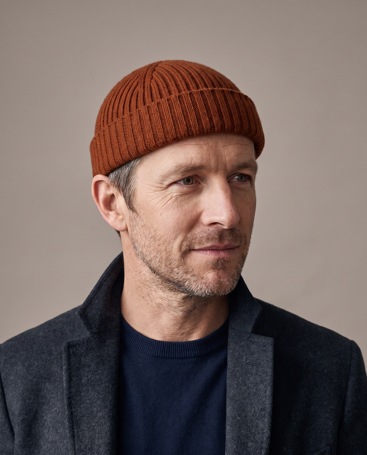 Strickmütze Ed in sienna – getragen von Herren-Model #farbe_sienna
