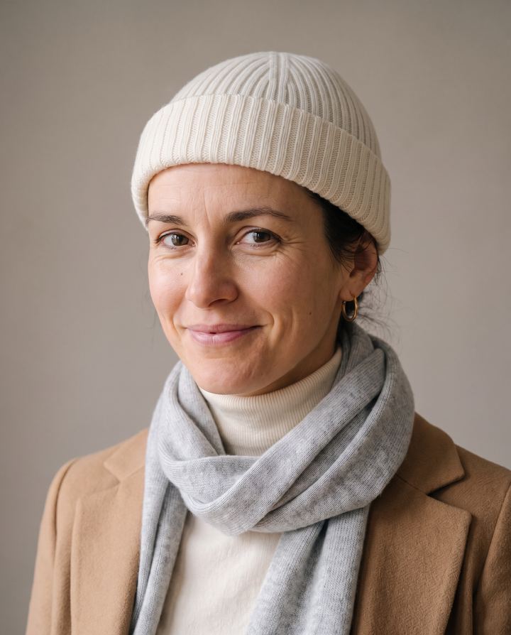 Strickmütze Ed in snow – getragen von Damen-Model #farbe_snow
