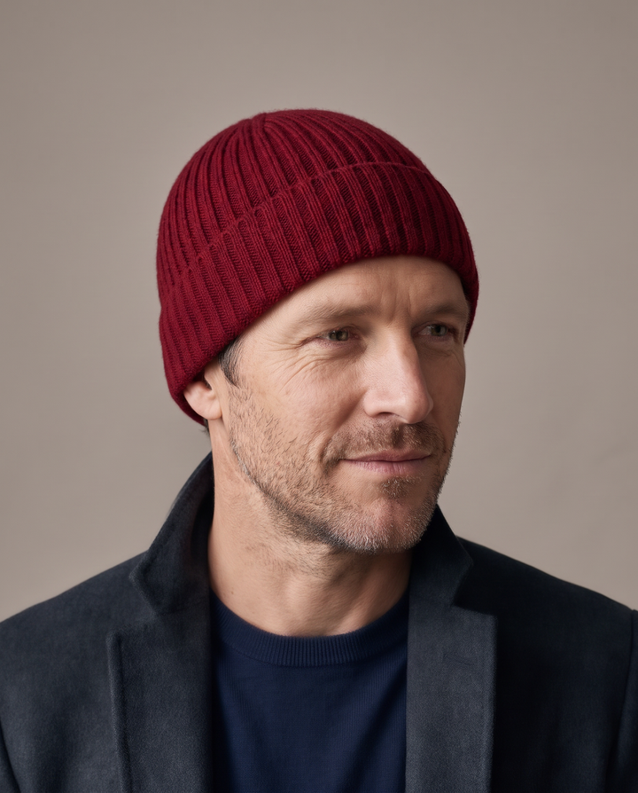 Strickmütze Lu in rot – getragen von Herren-Model #farbe_rot