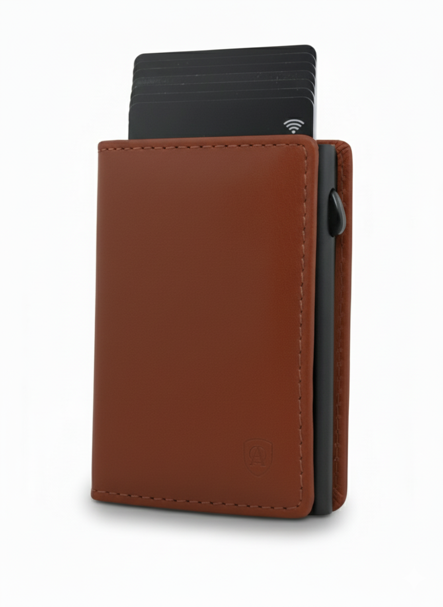Geldbörse Herren Damen, Portemonnaie, slim wallet, pop up wallet, RFID-Blocker, Brieftasche, Rindsleder#farbe_cognac